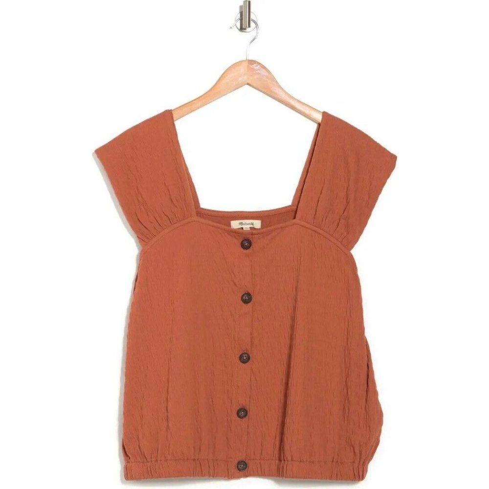 NWT MADEWELL Ivory Crinkle-Knit Button-Front Top Ruched Straps After Glow Red